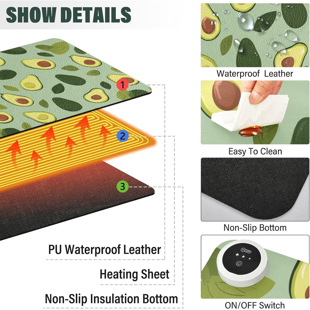 Heated Desk Pad Mouse Pad 31.5x13 Inch PU Leather Desk Mat with 3 Heat Levels Large Mouse Gaming Computer Laptop Mat Green Cute Avocado and Leaves