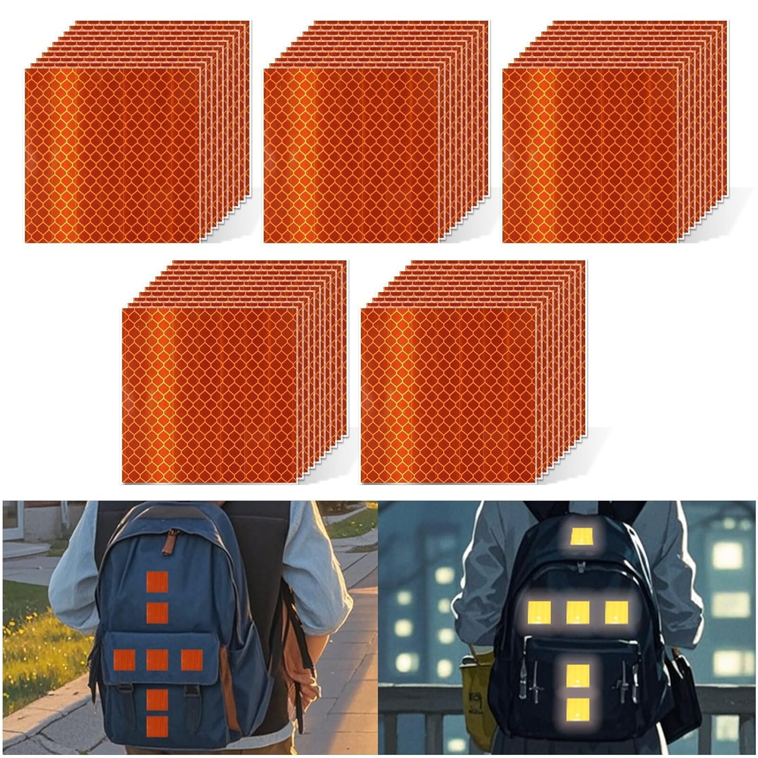 Non Fading Orange Reflective Stickers 3 inch X 3 inch, Outdoor Waterproof High Visibility Warning Safety Adhesive Reflector Tape (50 Pcs)