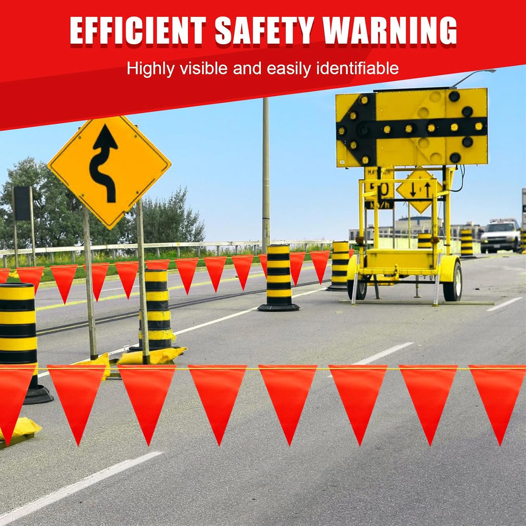 Safety Warning [Enhanced Density] Pennant Banner Flag Sign – 105FT OSHA High Visibility Triangle Signs for Construction Zones, Roadwork, and Hazard Areas(ORANGE FLAG+YELLOW STRING,80PCS,105FT)
