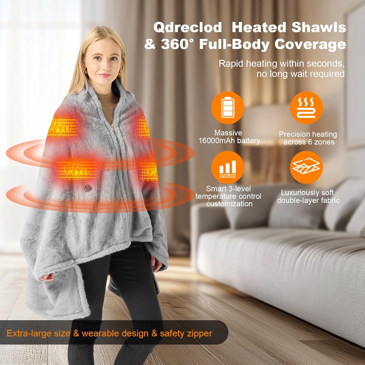Cordless Heated Blanket Battery Operated with Fleece Lining 7.4V 16000mAh Battery Portable Wearable Heated Shawl for Women Men 6 Heating Zones 3 Fast-Heating Levels (Battery Included)