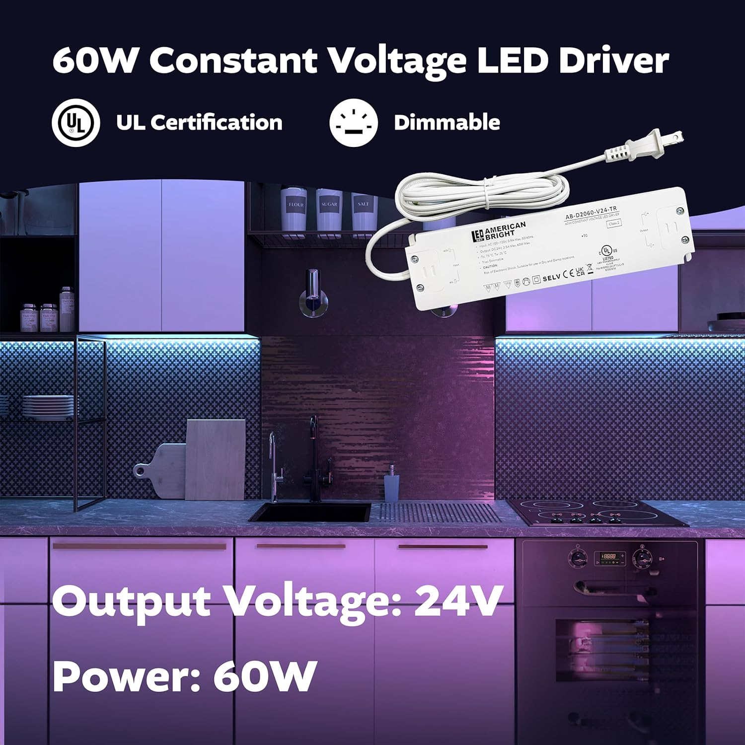 LED Driver 60W Constant Output Voltage: 24V DC, Open Circuit/Short Circuit/Overload/Overheat Protection, Triac Dimmable