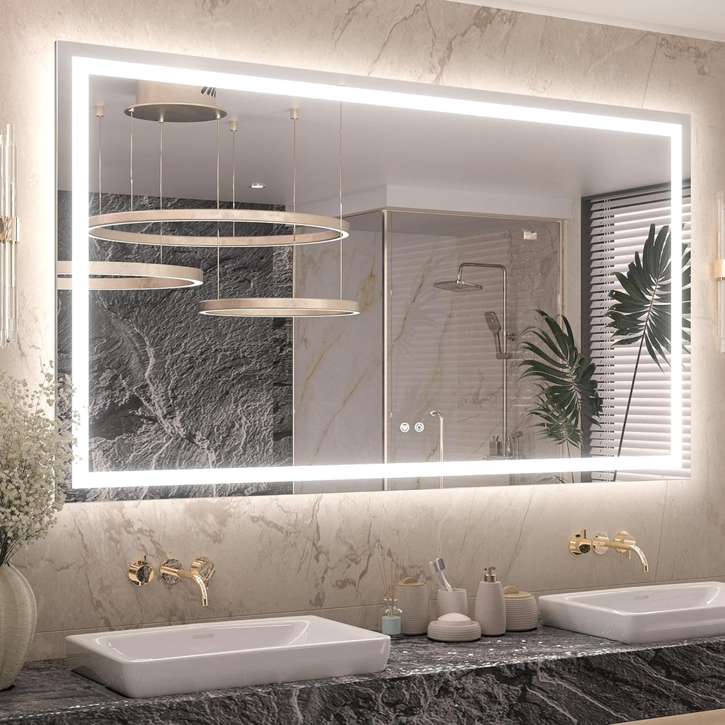 Keonjinn LED Bathroom Mirror with Light 60 x 36 Inch, Frontlit & Backlit Vanity Mirrors with 3 Color Lights, Large Stepless Dimmable Mirror with Anti-Fog, HD Tempered Glass, UL-Listed LED Driver