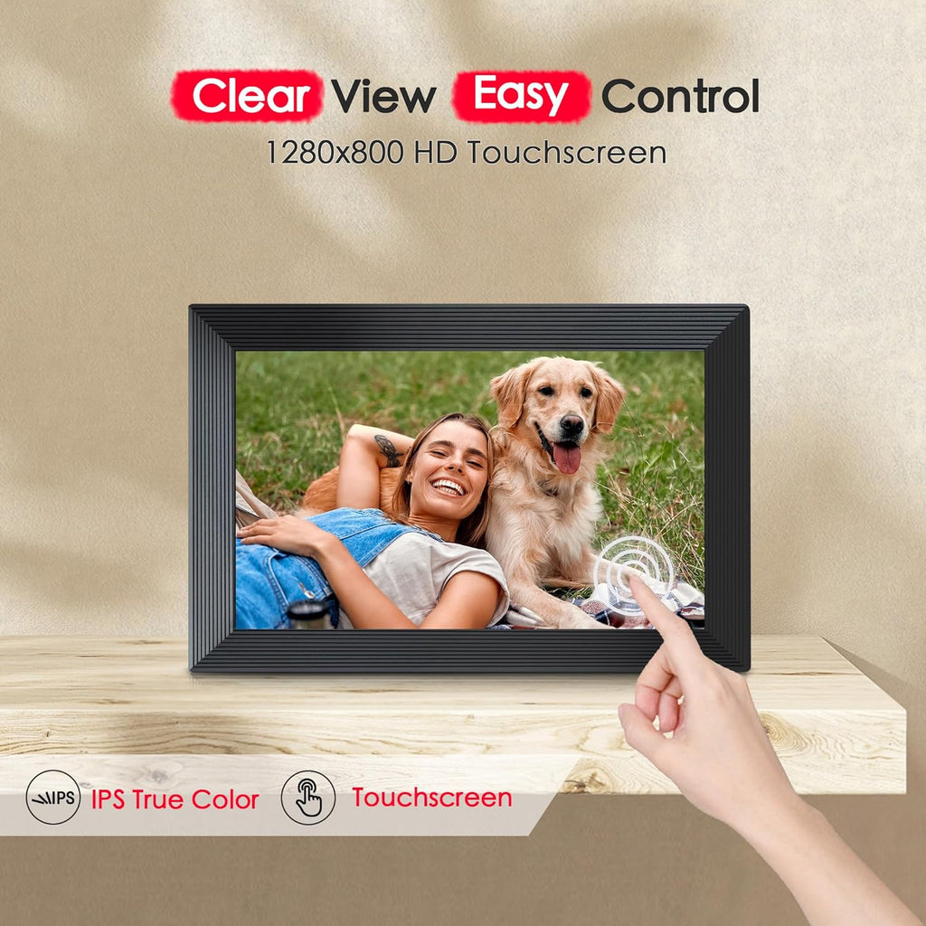 Digital Picture Frame, 10.1 inch Frameo Digital Frame WiFi, 1280*800 IPS HD Touchscreen, 32GB Storage, Instant Share Pictures Video, Smart Photo Frame Electronic, Gifts for Mom, House Warming, Black
