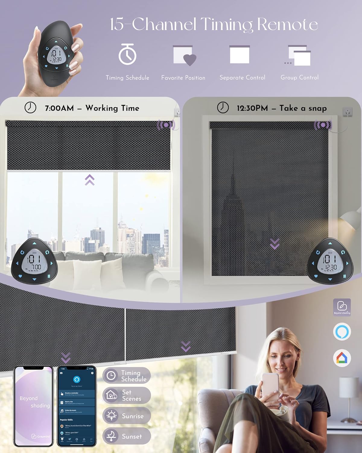 Graywind Motorized Roller Shades Compatible with Alexa Google Hardwired WiFi Smart Light Filtering Blind Remote Automated Blinds Electric Window Shade, Custom Size (3% Openness Solar Black Pearl)
