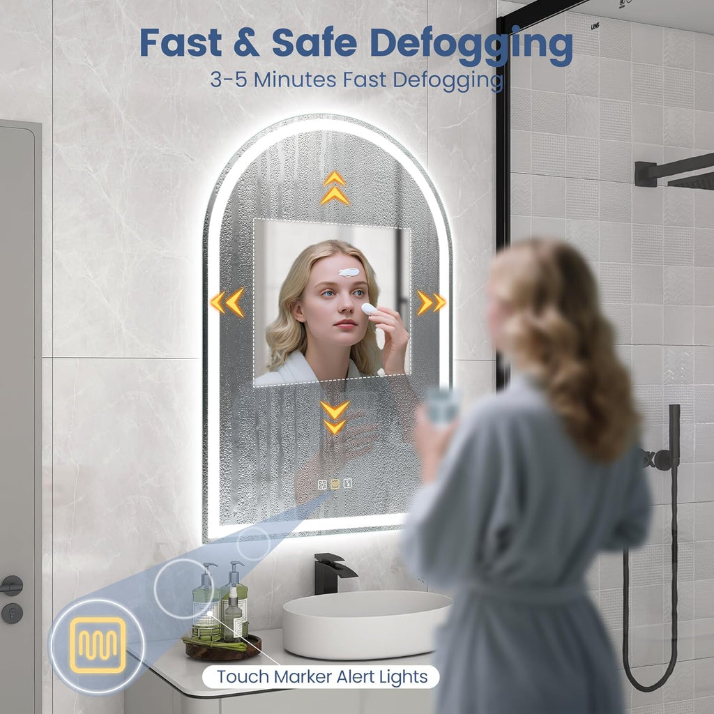 STARLEAD 32"x20" LED-Bathroom-Mirror-with-Lights, Wall-Mounted with Bluetooth Speaker, Anti-Fog, 3 Color Temperature, Dimmable Brightness, IP65 Waterproof, Tempered Glass, Frontlit & Backlit, Arched