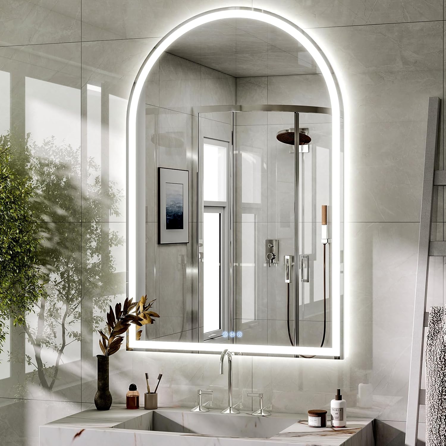 BEAUTYPEAK 48x30 LED Arch Bathroom Mirror with Lights, Anti-Fog, Dimmable, Backlit + Front Lit, Lighted Bathroom Vanity Mirror for Wall, 3 Colors, Memory Function, Tempered Glass, Shatter-Proof