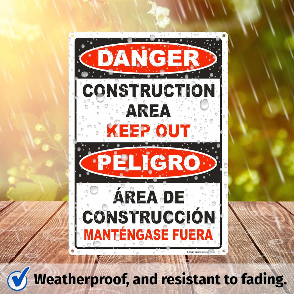 Brimar - 10" x 14" - Bilingual Danger Construction Area Keep Out Sign - .055″ Polyethylene Plastic - Bold Text And Symbol - Easy Installation