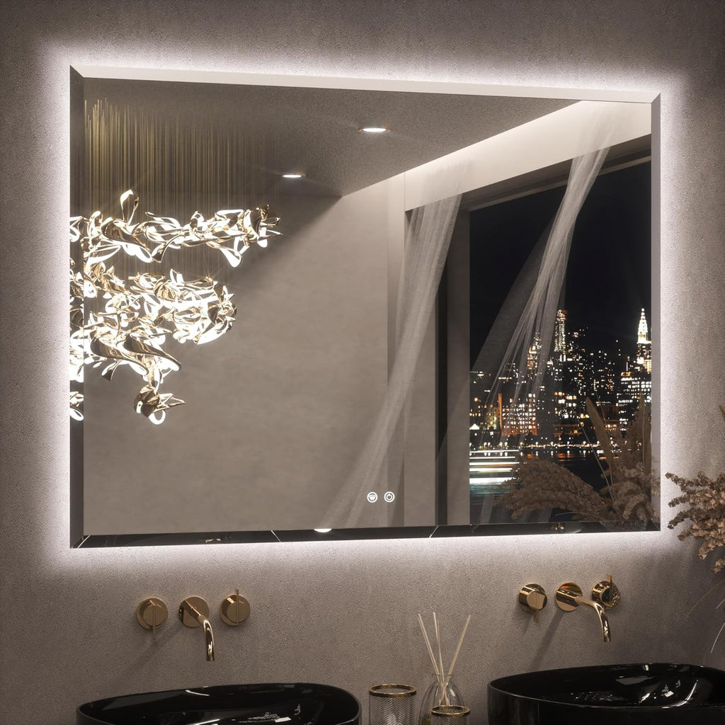 Keonjinn 48 x 36 Inch Large LED Bathroom Mirror with Backlight, Backlit Mirror with Beveled Edge, Safe Tempered Glass, UL-Listed Power Driver, 3 Color Lights, Safe Defogging, Memory Function