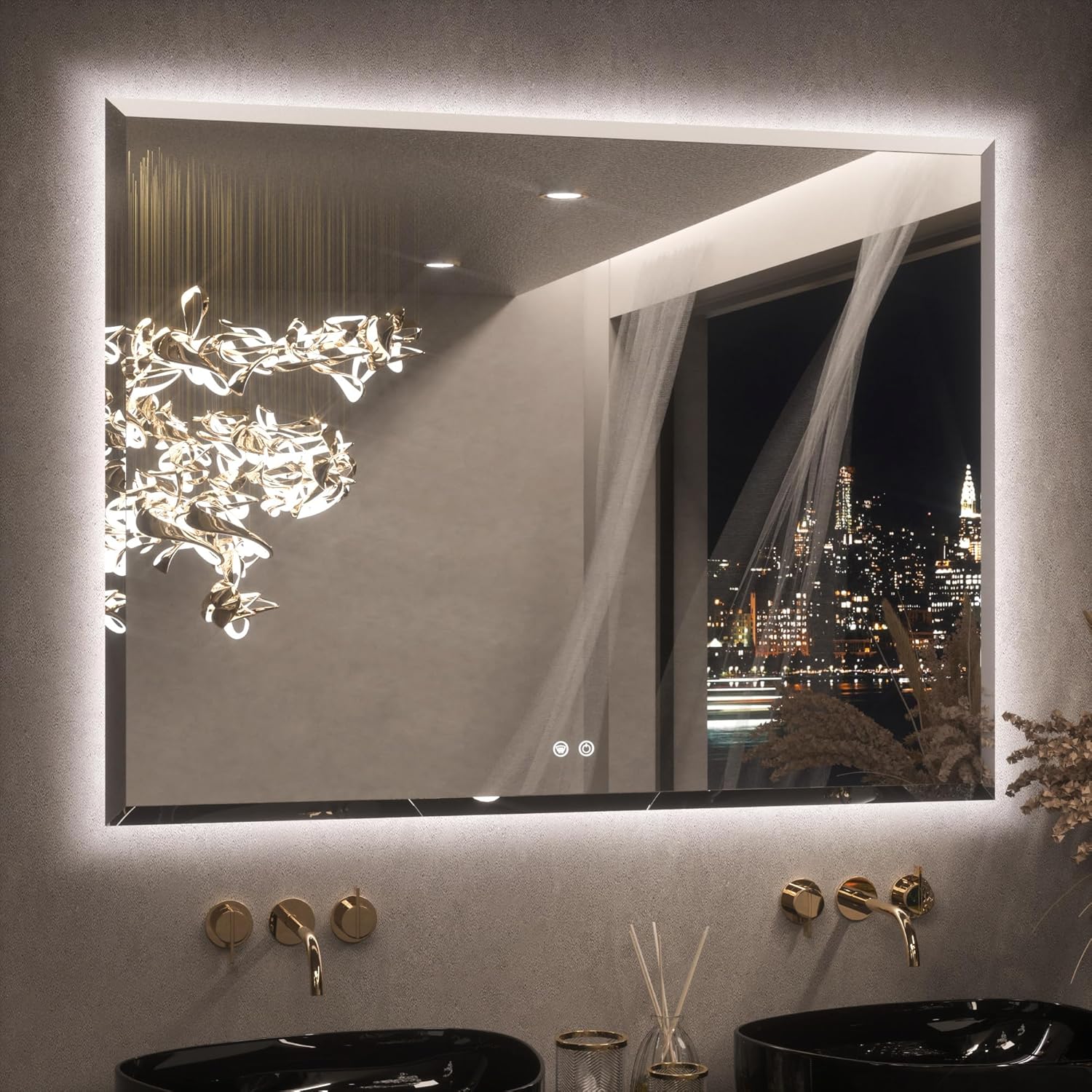 Keonjinn 48 x 36 Inch Large LED Bathroom Mirror with Backlight, Backlit Mirror with Beveled Edge, Safe Tempered Glass, UL-Listed Power Driver, 3 Color Lights, Safe Defogging, Memory Function