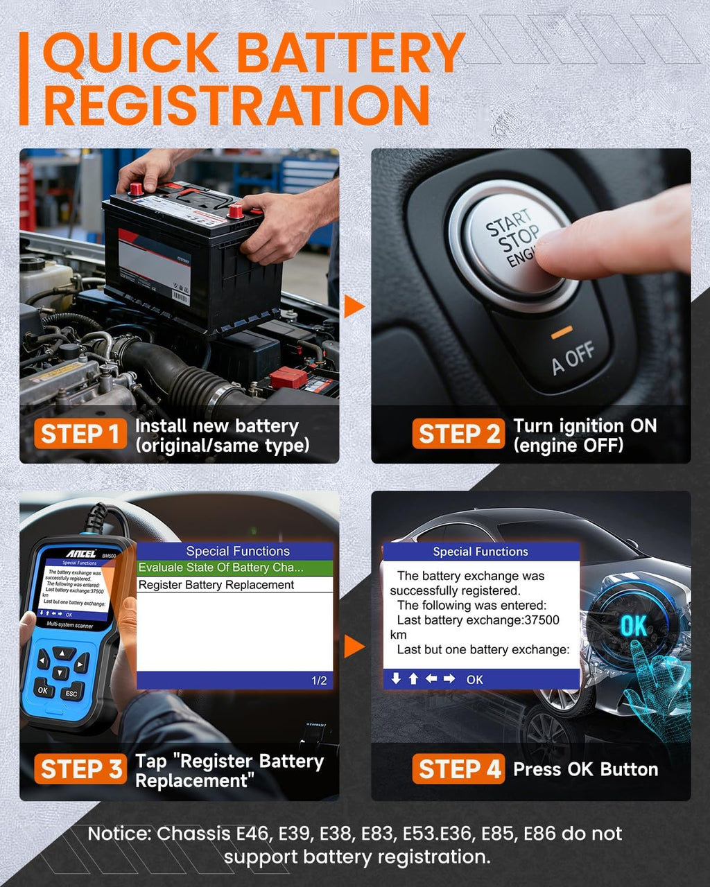 ANCEL BM500 Battery Registration Tool Fits for BMW Mini - All Systems OBD2 Scanner with Engine, ABS, SRS, ESP, SAS System Diagnosis, Car Code Reader for CBS, EPB, ETC, BMS, PCM, Oil Reset