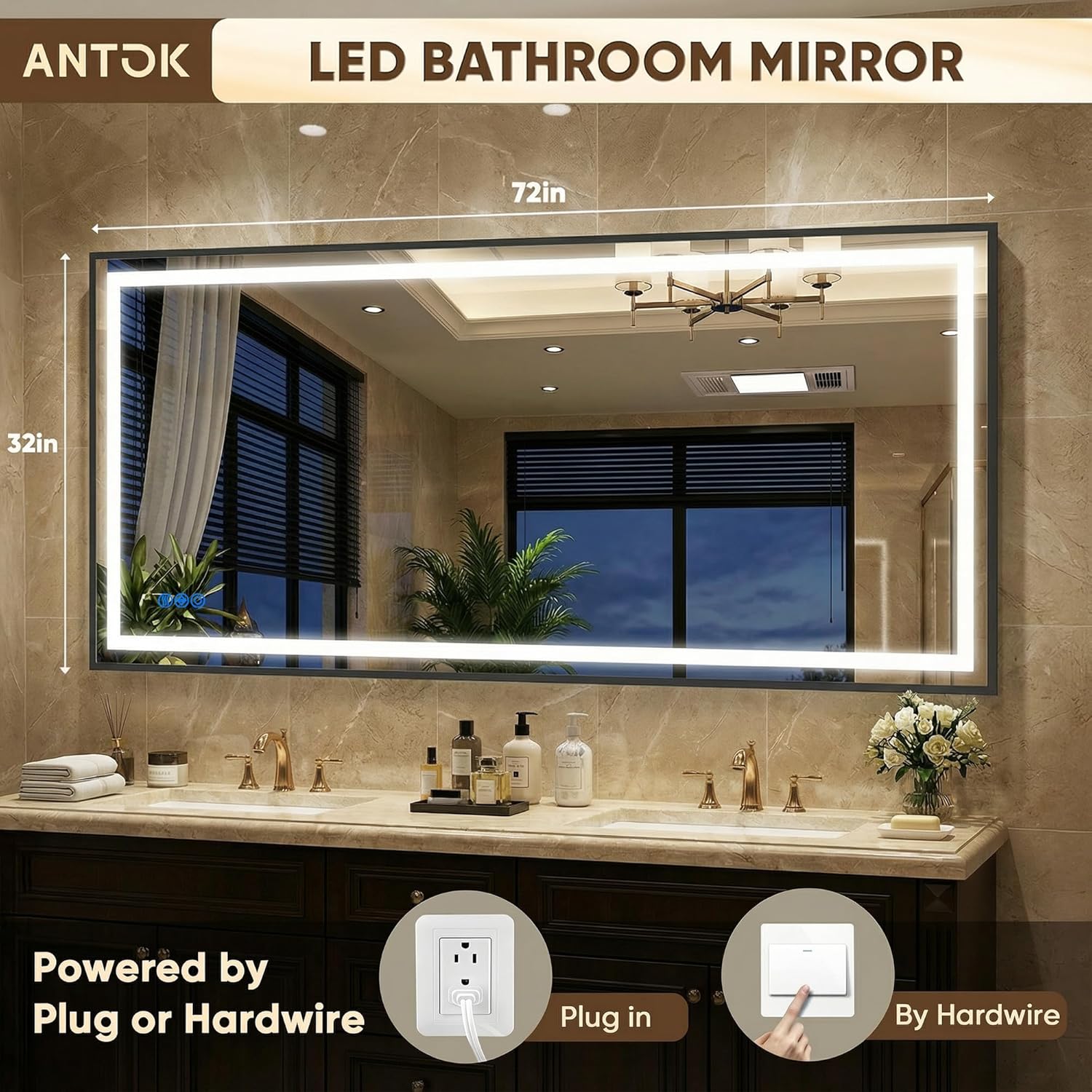 Antok 72X32 LED Bathroom Mirror with Lights, Vanity Mirror for Wall with Black Frame, Touch Control, Anti-Fog, Dimmable Lights, Shatter-Proof, Memory Function, Wall-Mounted Vanity Mirrors