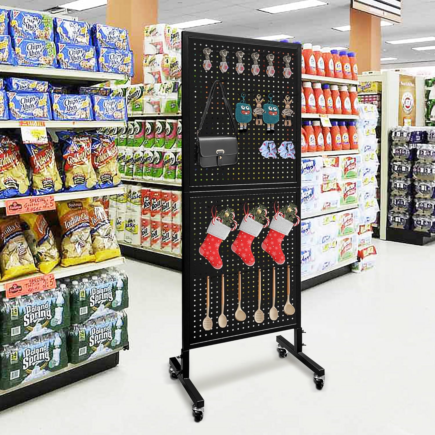 Royxen 2 x 5.5 Feet Pegboard with 30 Hooks, Pegboard Display with Wheels, Standing Pegboard Display, Metal (Black)