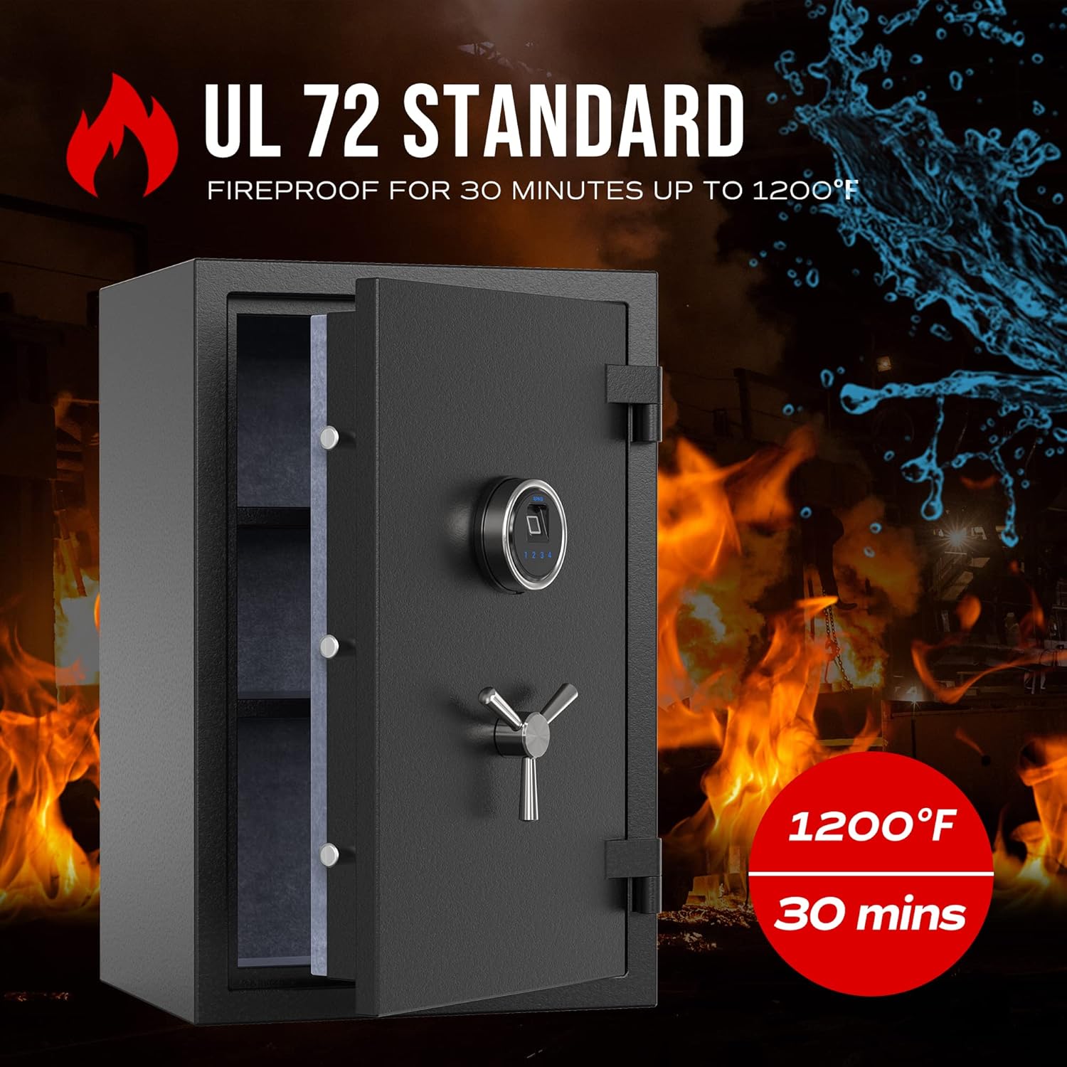 RPNB Biometric Fingerprint Fireproof Safe Box,Digital Fire Proof Safe with 3 Spoke Handle,Touch Screen and Removable Shelf,Fireproof Home Safes for Money Documents Jewelry and More,2.12 Cubic Feet