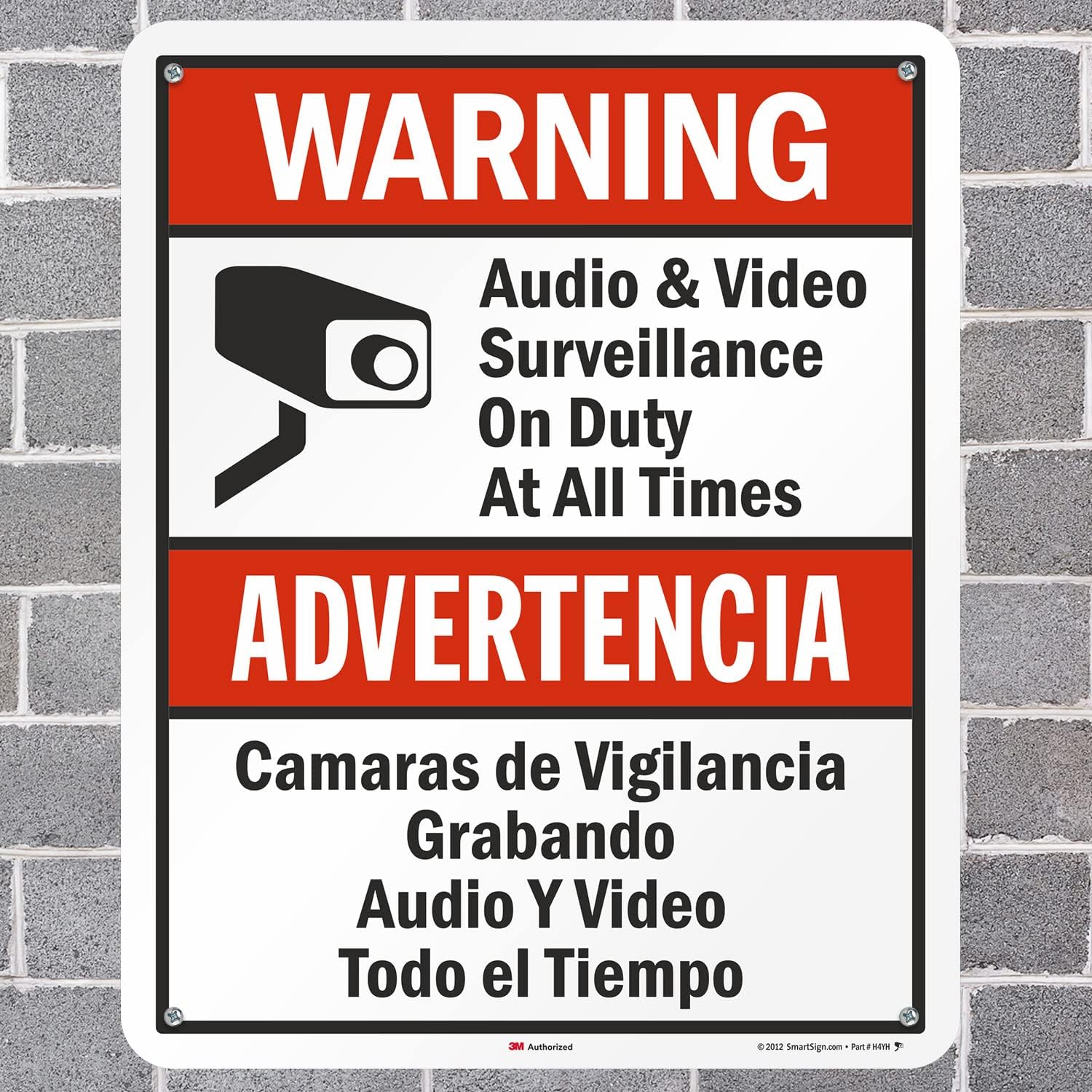 SmartSign 30 x 24 inch “Warning - Audio & Video Surveillance On Duty At All Times” Bilingual Sign, 80 mil Aluminum, 3M Laminated Engineer Grade Reflective Material, Red, Black and White, USA-Made