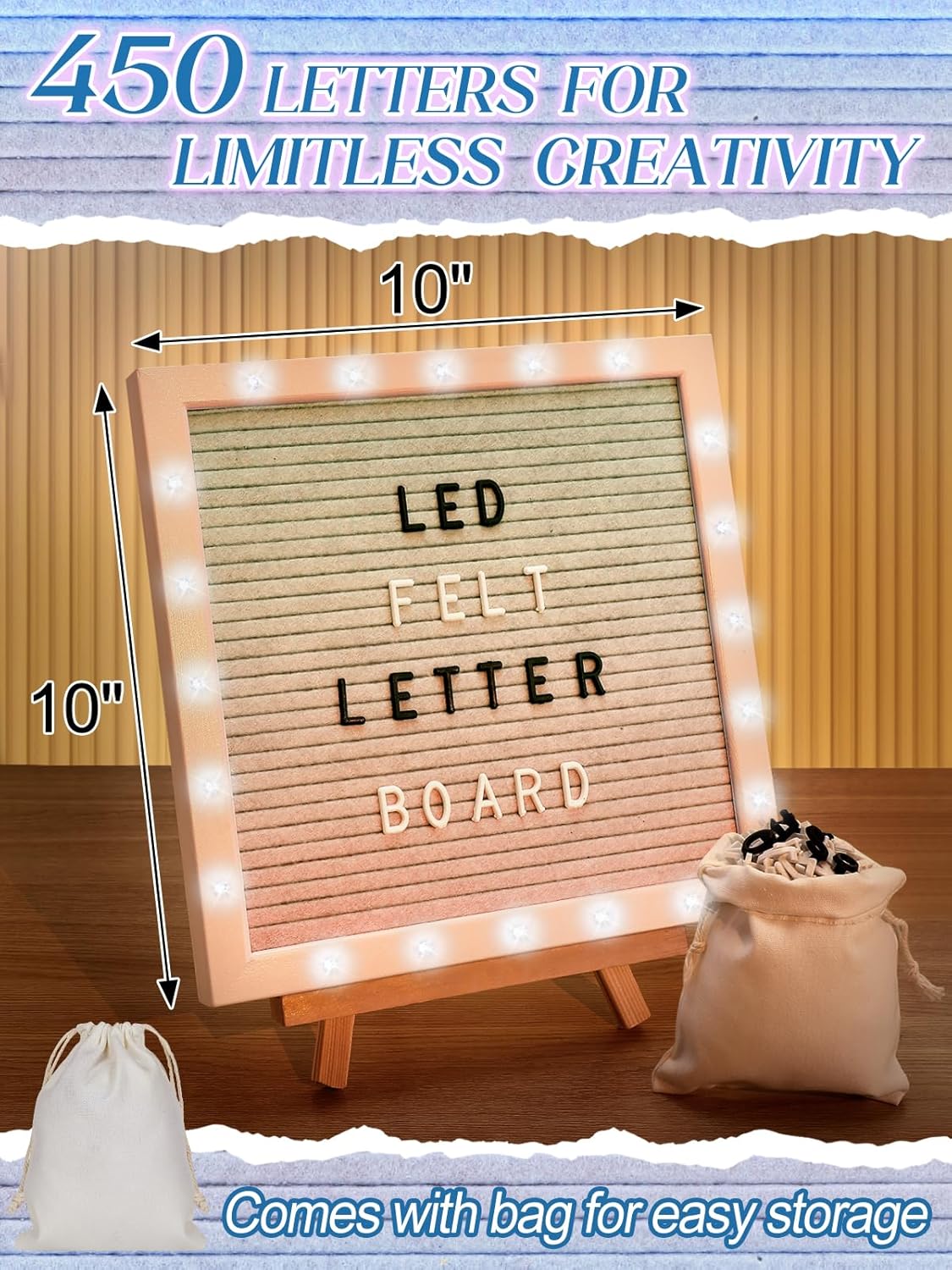 Changeable Felt Letter Board with LED Lights - 10×10" Message Custom Signs & Wood Stand & 450 Letters, Poster Board for Valentine's Day/Baby/Pregnancy Announcement/Classroom Wall Decor Gifts, Gradient