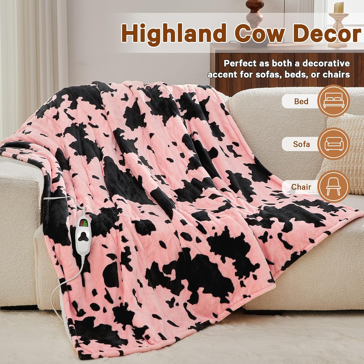 Cow Print Heated Electric Blanket Throw,50X60 Light Pink Heating Blanket with 10 Heats Levels & 8 Hours Auto Off,Highland Cow Stuff Fleece Sherpa Blankets Warmer Gifts for Women Adults Washable