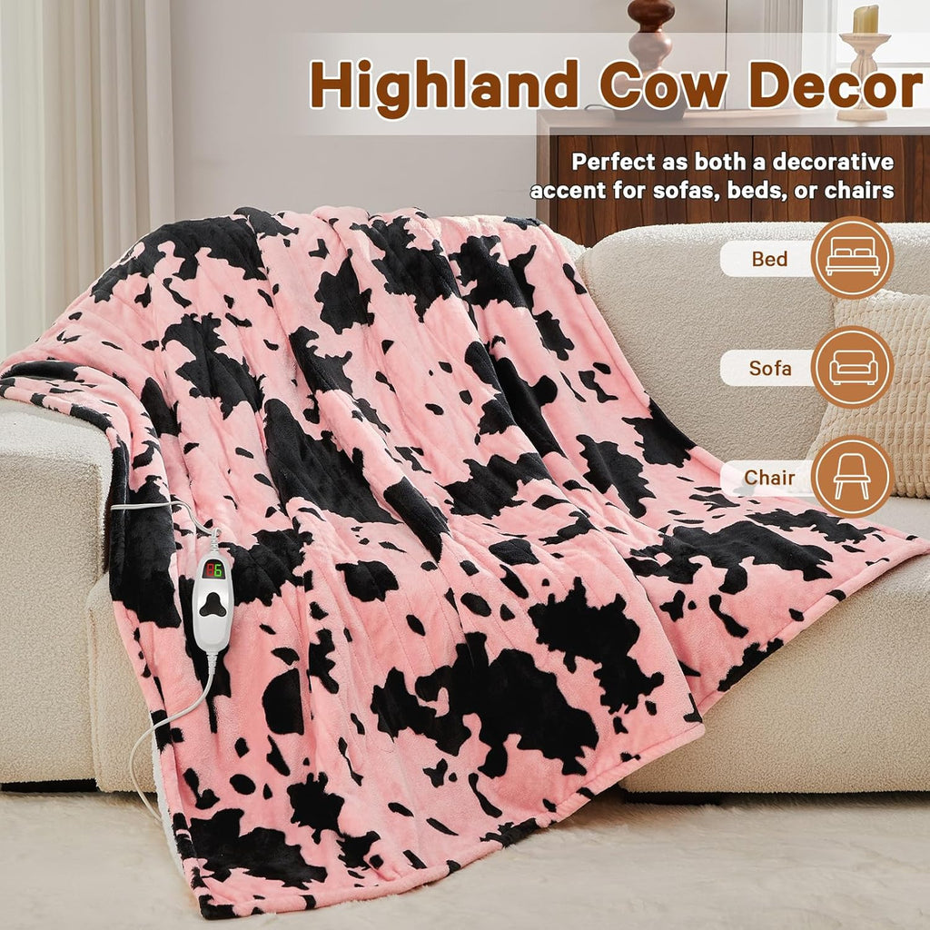 Cow Print Heated Electric Blanket Twin Size,62X84 Light Pink Heating Blanket with 10 Heats Levels & 8 Hours Auto Off,Highland Cow Fleece Sherpa Blankets Warmer Gifts for Women Adults,Washable