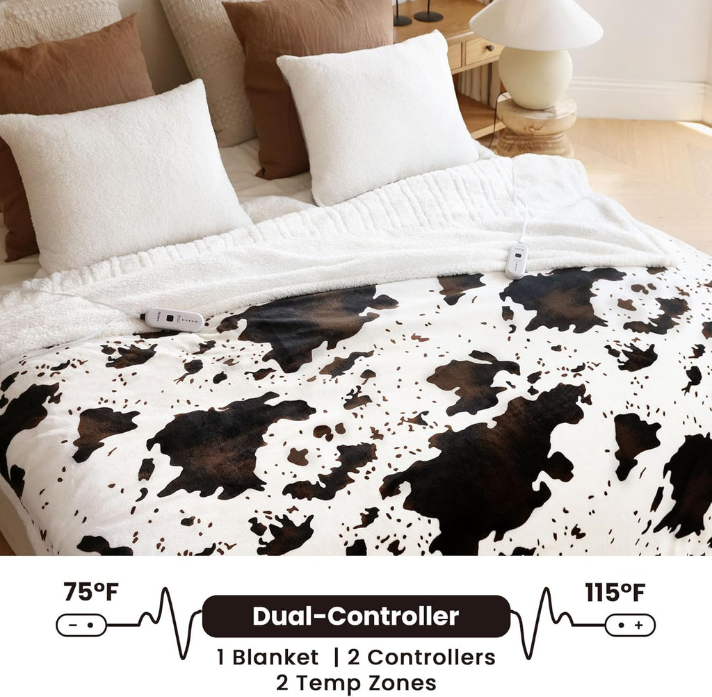Cow Print Electric Heated Blanket Queen-Dual Control Heating Blanket Queen Size with 10 Heat Levels & 10 Hours Auto-Off, Cozy Soft Fleece Sherpa, Washable, 84x90 Inches Cow Print White