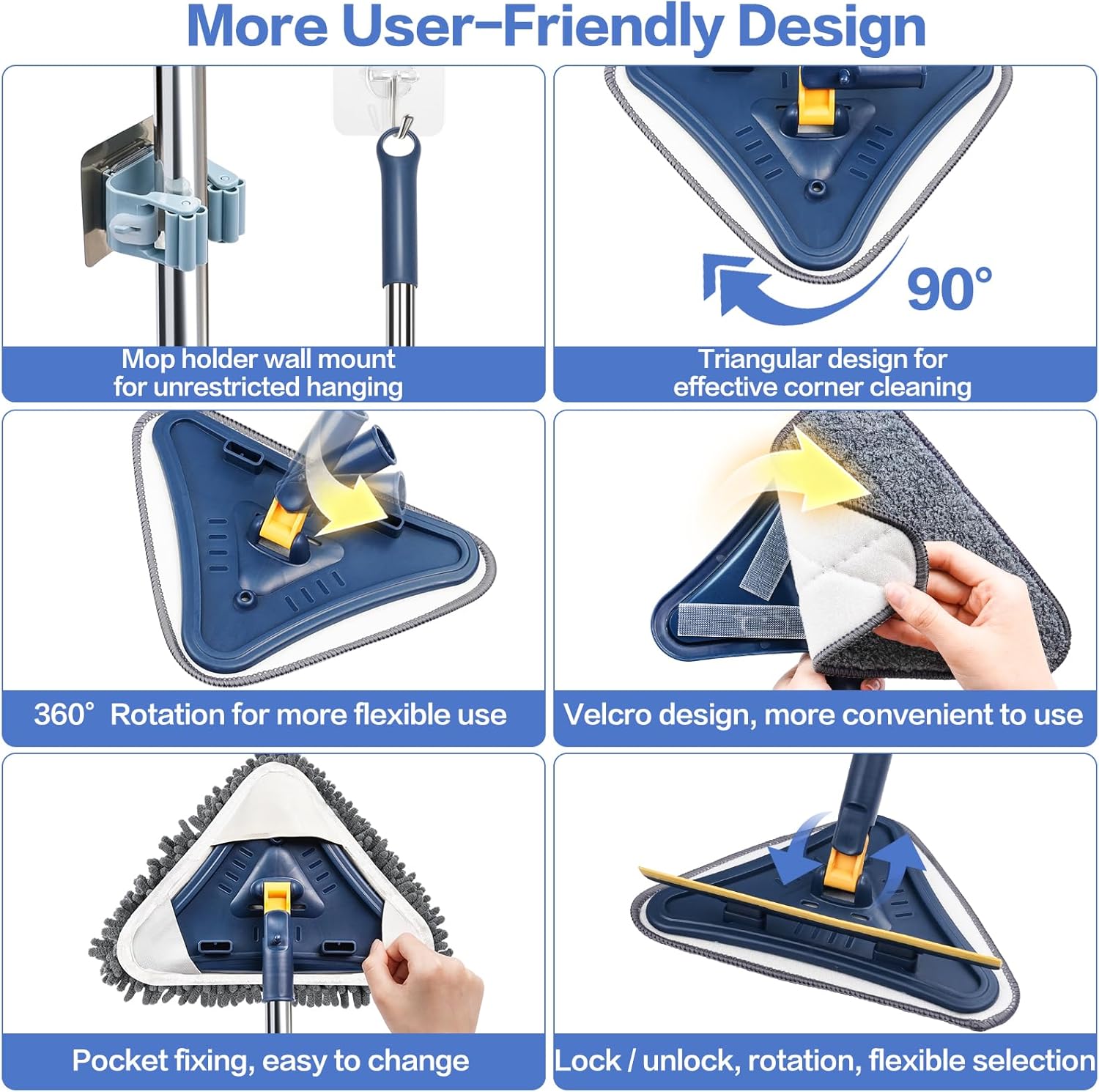 80" Wall Cleaner Mop with Long Handle, Sunoyar 5-in-1 Walls Washer for Baseboard Duster Ceiling Painted Wall, 360°Rotation Wall Cleaning Tool Kit with Squeegee Chenille Microfiber Pad Brush Scraper