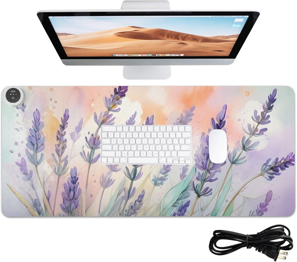 Large Heated Mouse Pad,Leather Desk Mat,31.5"x13",Hand Warmer Pads for Desk,Lavenders(Morandi Pink)
