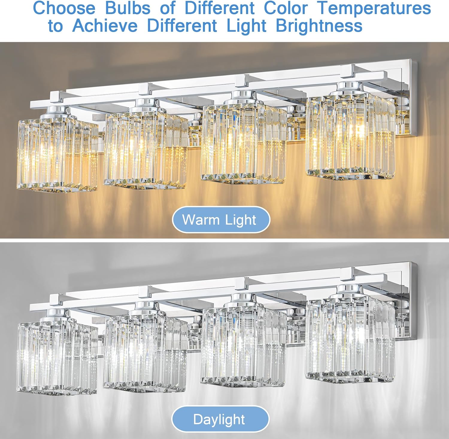 Crystal Bathroom Light Fixtures, 4 Light Chrome Vanity Lighting Over Mirror with Crystal Shades, Modern Bathroom Vanity Light for Restroom, Bath, Cabinet and Powder Room