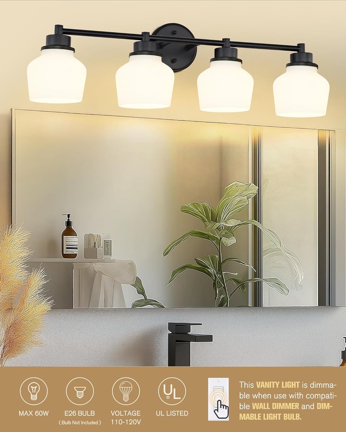 Emak 29 Inch Black Vanity Light, Farmhouse Bathroom Light Fixtures Wall Sconces with Milk Glass Shade, 4-Light Vanity Lights for Bathroom, Mirror, VL122-BK-ML-4