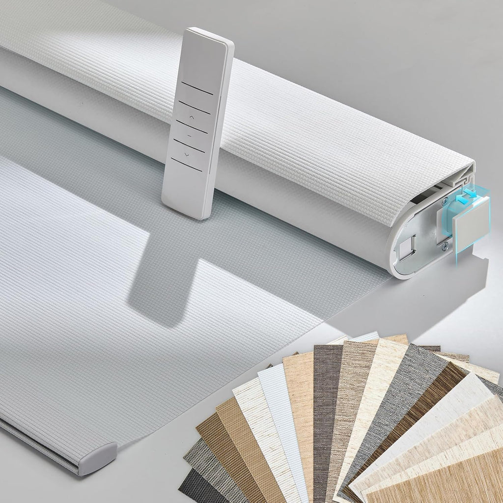 Persilux Smart Motorized Blinds with Remote, No Drill Automatic Roller Shades for Indoor Windows, Blackout Linen Fabric, Electric Blinds for Windows, Weave Swan C162BO-1, Custom Size