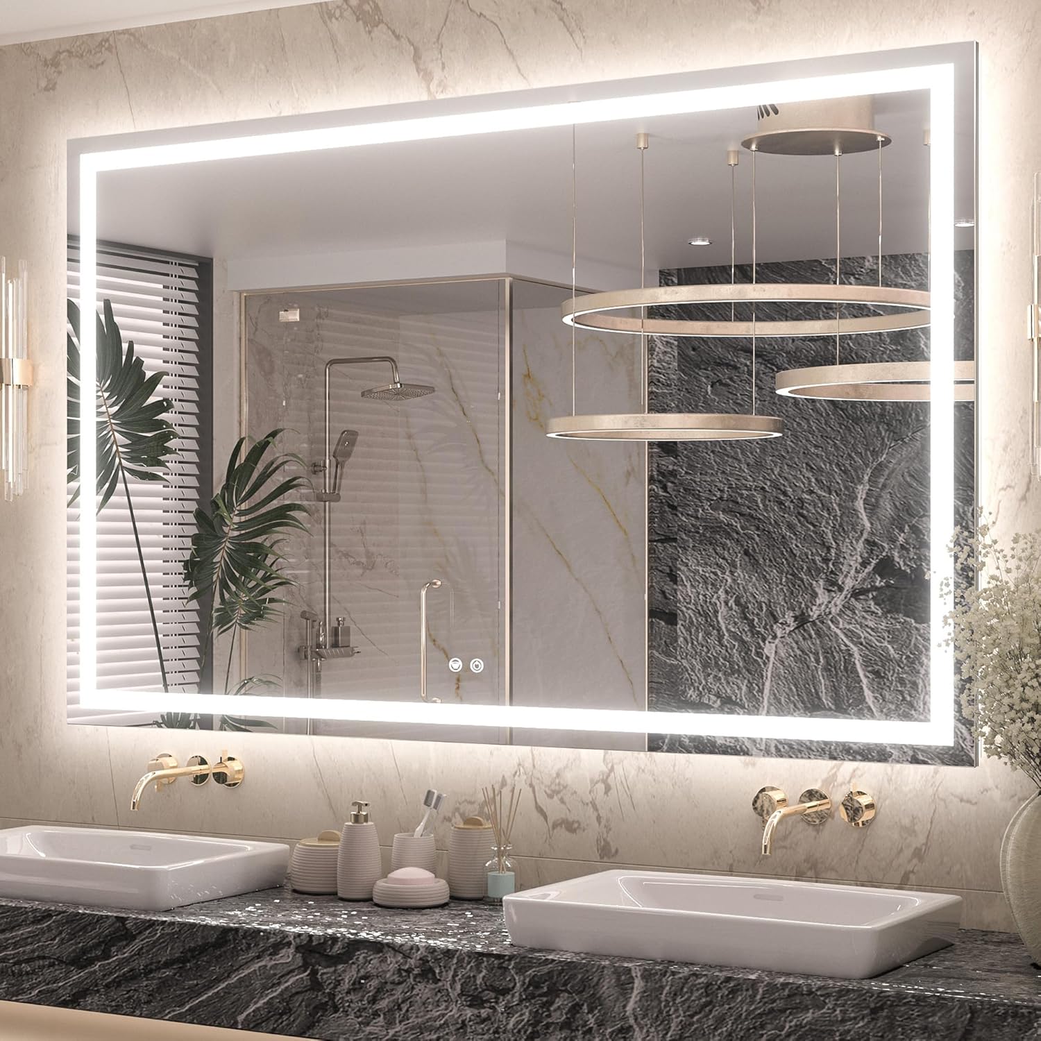 Keonjinn 60" x 40" Lighted Mirror for Bathroom Wall, LED Mirror with Frontlit & Backlit, Large Bathroom Mirror with Lights, Dimmable 3-Color Lights, HD Tempered Glass, UL-Listed LED Driver