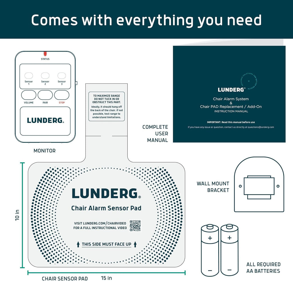 Lunderg Chair Alarm System - Wireless Chair Alarms and Fall Prevention for Elderly and Dementia Patients - Smart and Reliable Elderly Monitoring Kit for Caregiver - Perfect Complement to Bed Alarm