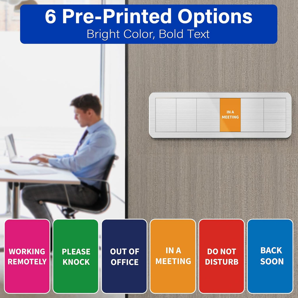 Office Door Signs with 6 Printed Status Options – Do Not Disturb, Out of Office, In a Meeting, Please Knock, Work from Home, Back Soon – Includes Custom Personalized Blank Sticker for Privacy Workspace or Studio Available and Away