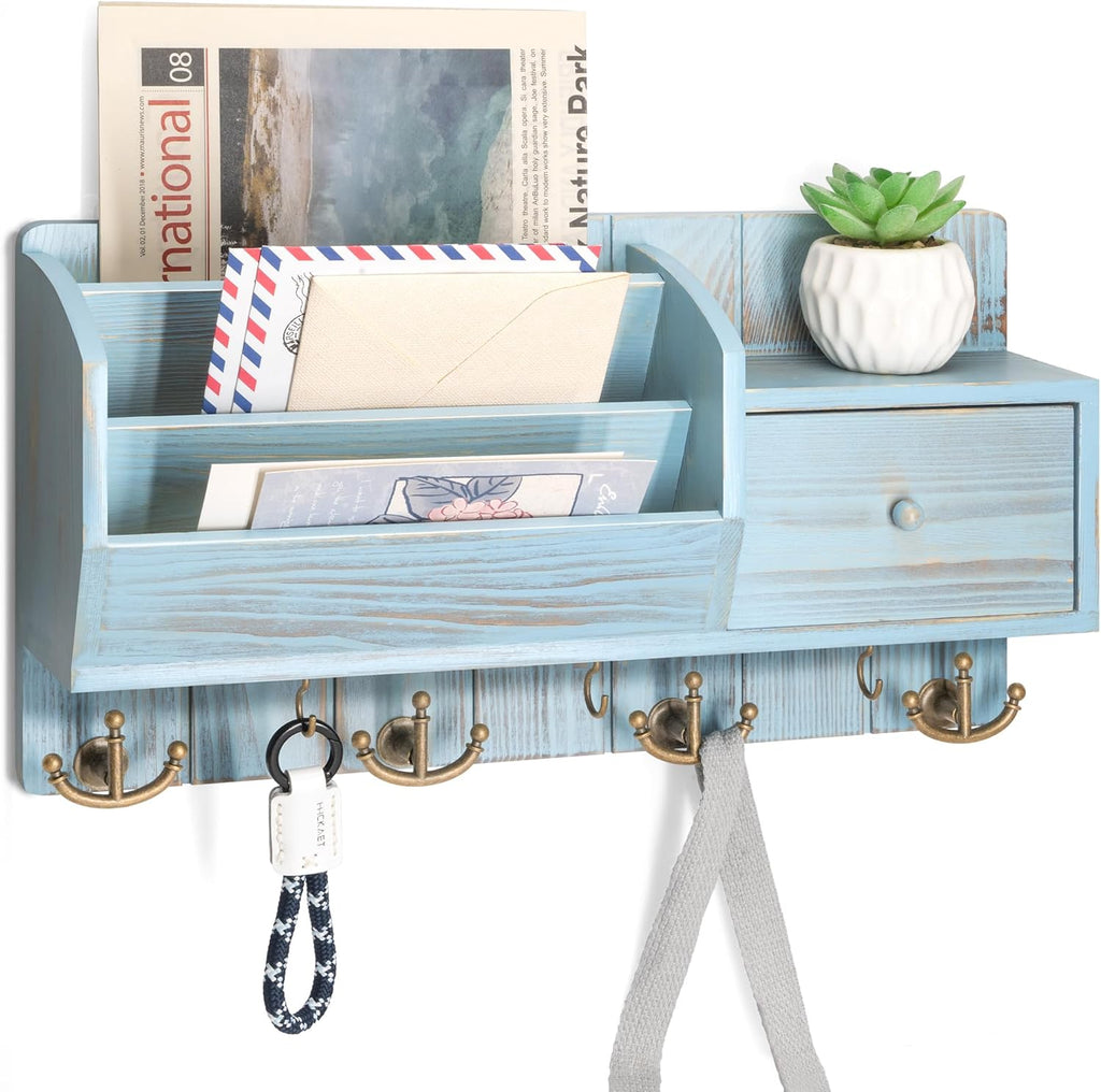 Rebee Vision Key Holder Wall Mount with Mail Sorter - Decorative Mail and Key Organizer for Wall with Hooks and Drawer Organizer - Ideal Storage Solution for Home Improvement (Distressed Blue)