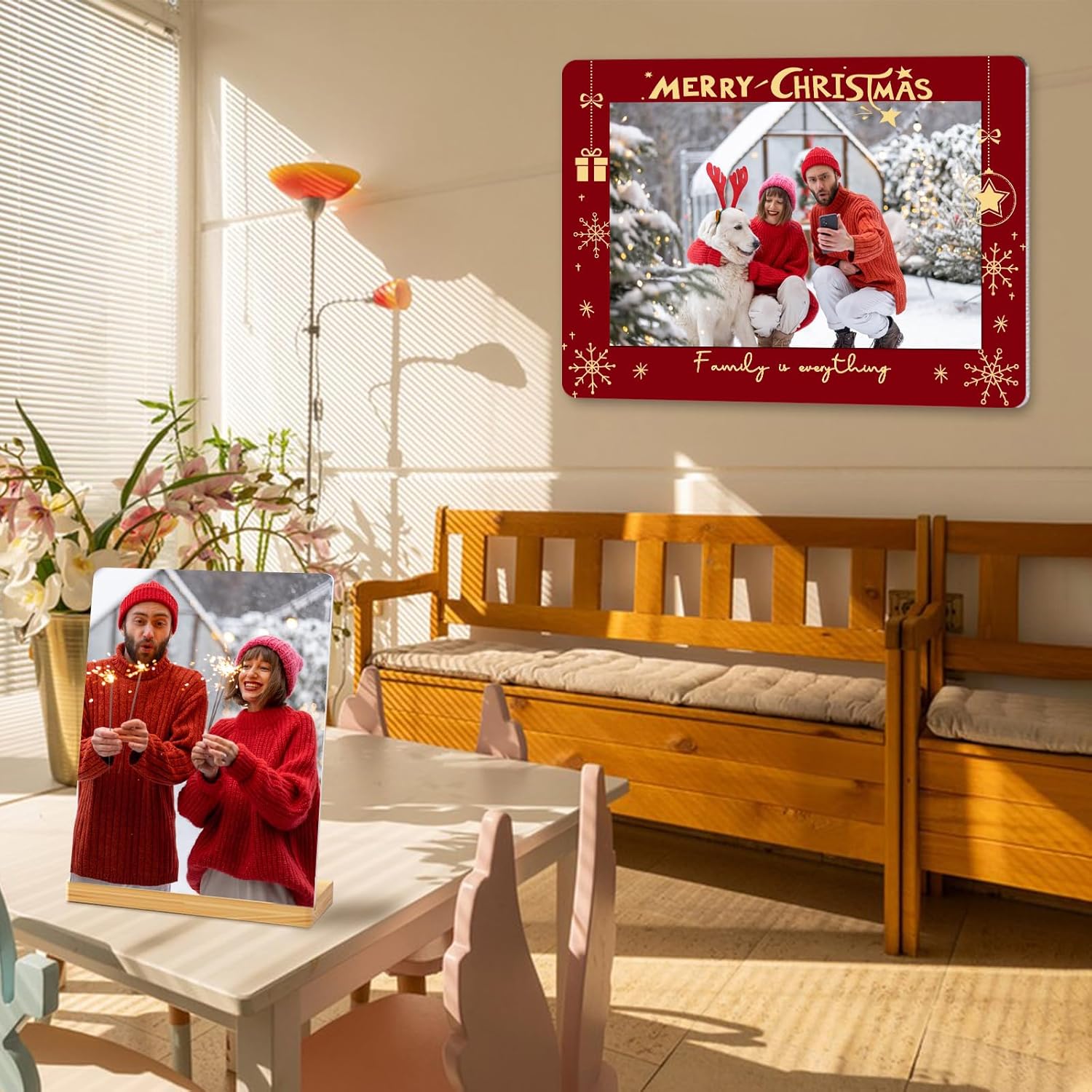 Custom Photo Prints - Metal Desktop Picture Frame with Photos & Text & Wooden Base Personalized Christmas Gifts for Family Lovers Pets and Friends, Optional Multiple Sizes