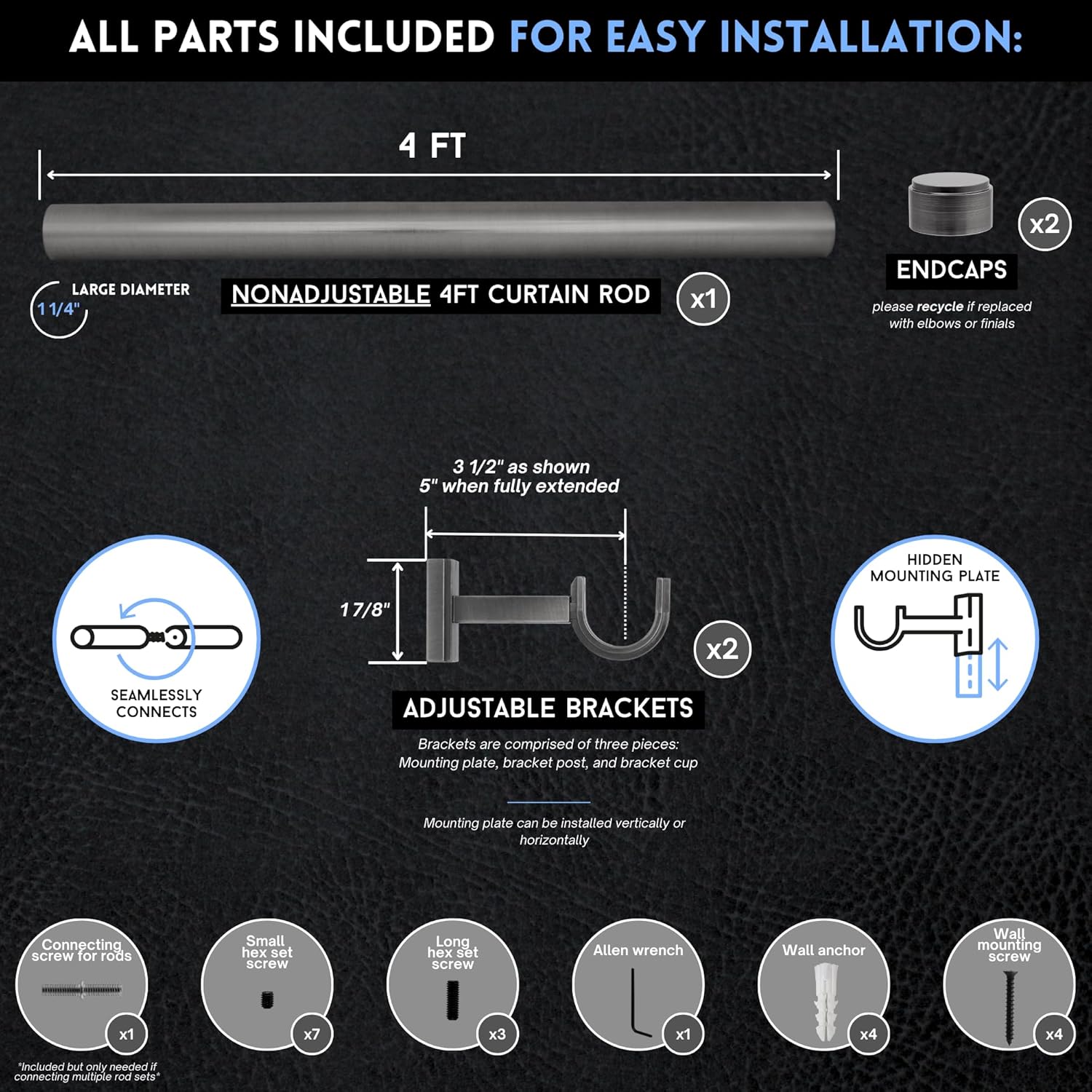 BlastHome® Non-Adjustable Luxury Curtain Rods for Windows, 1 ¼” Rod Set, 4 foot Fixed Length, Gunmetal/Pewter