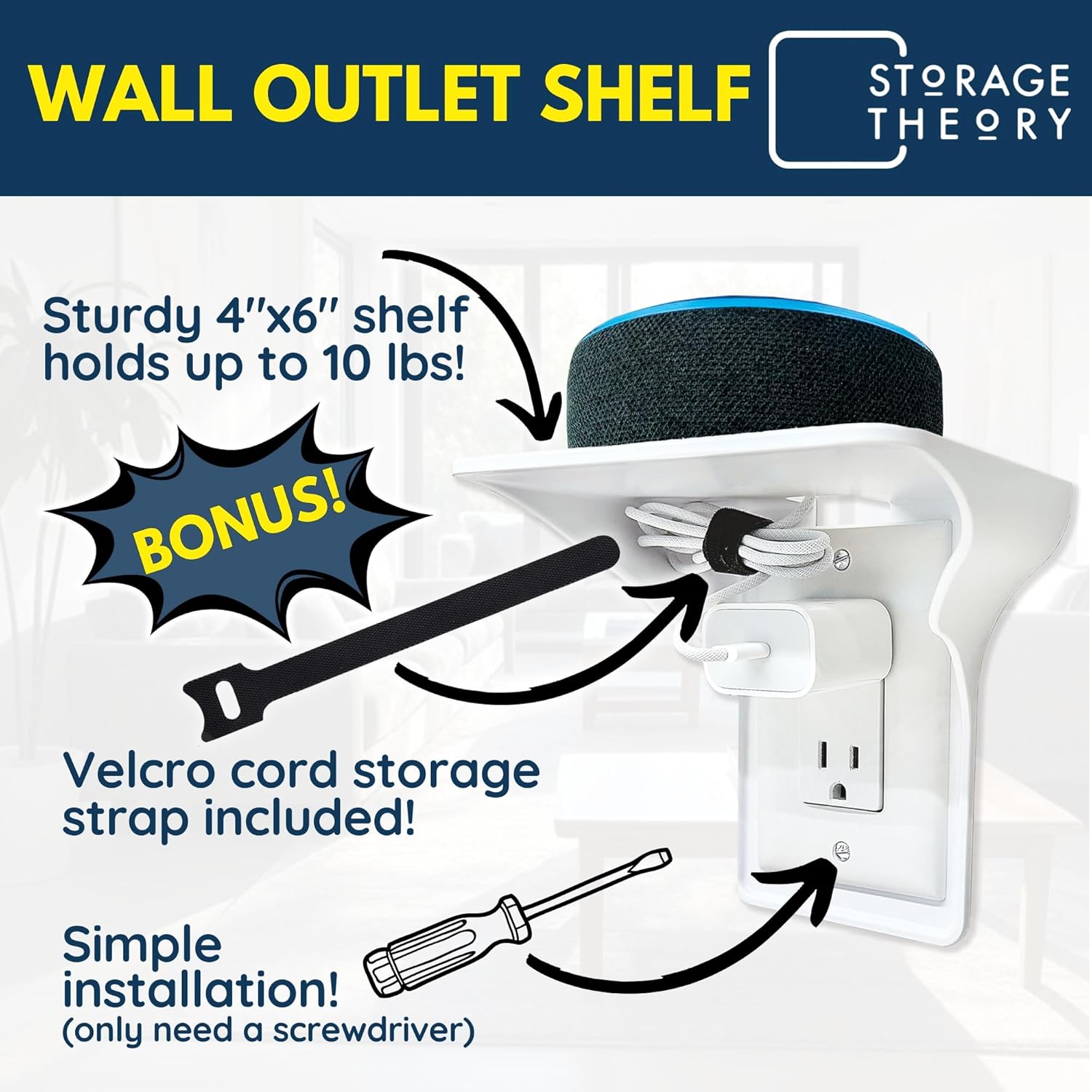BeraTek Power Perch Wall Outlet Shelf with Cord Storage Strap - Declutter & Reclaim Counter Space - Top Uses: Charging Shelf, Echo Dot Stand, Apple HomePod Mini Wall Mount - White, 1-Pack
