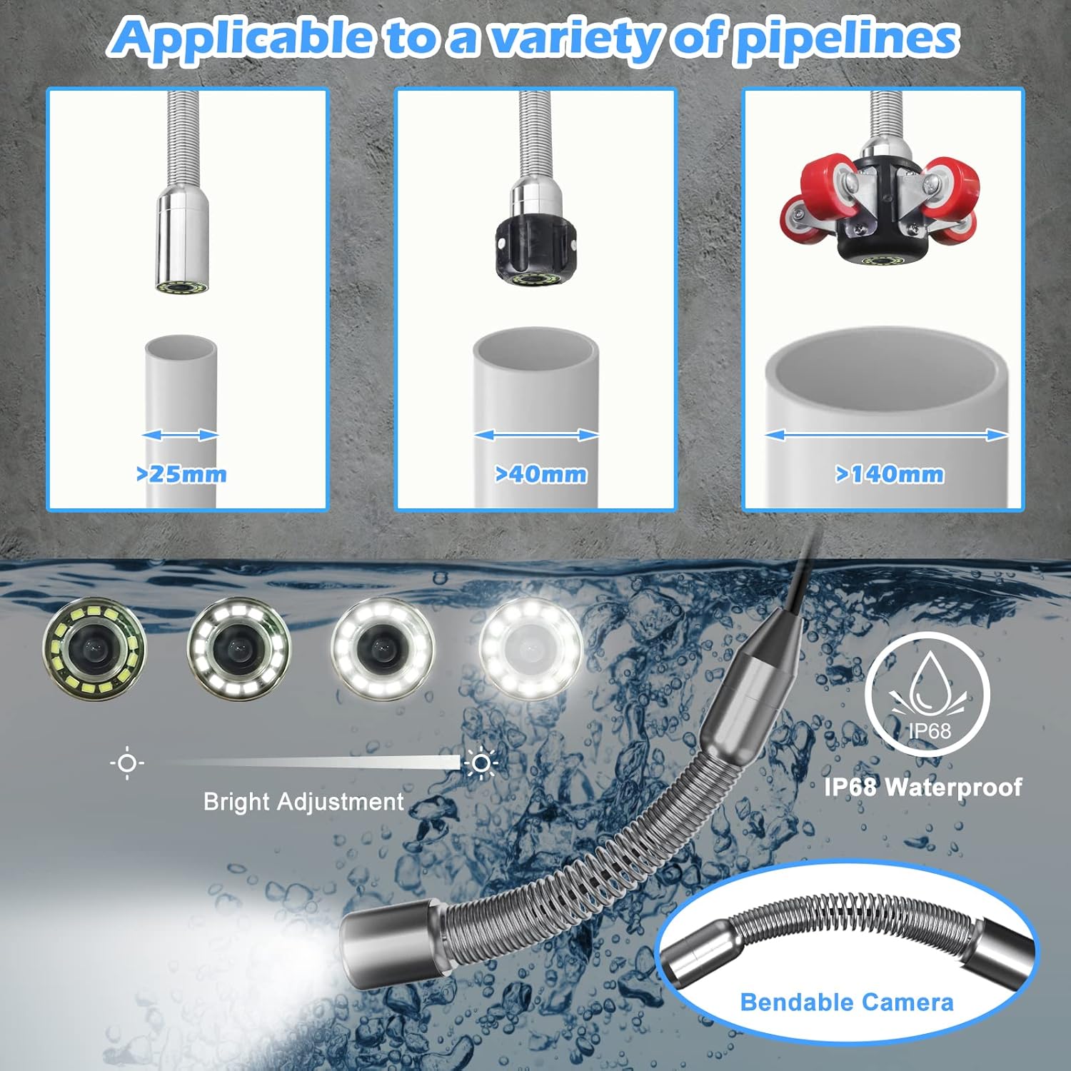 Sanyipace Sewer Camera 165FT/50M with 512Hz Transmitter, Self-Leveling, Distance Counter, Plumbing Inspection Camera with Microphone Speaker Audio Video Record, 16GB TF Card, Pipe Pulley (7mm Cable)