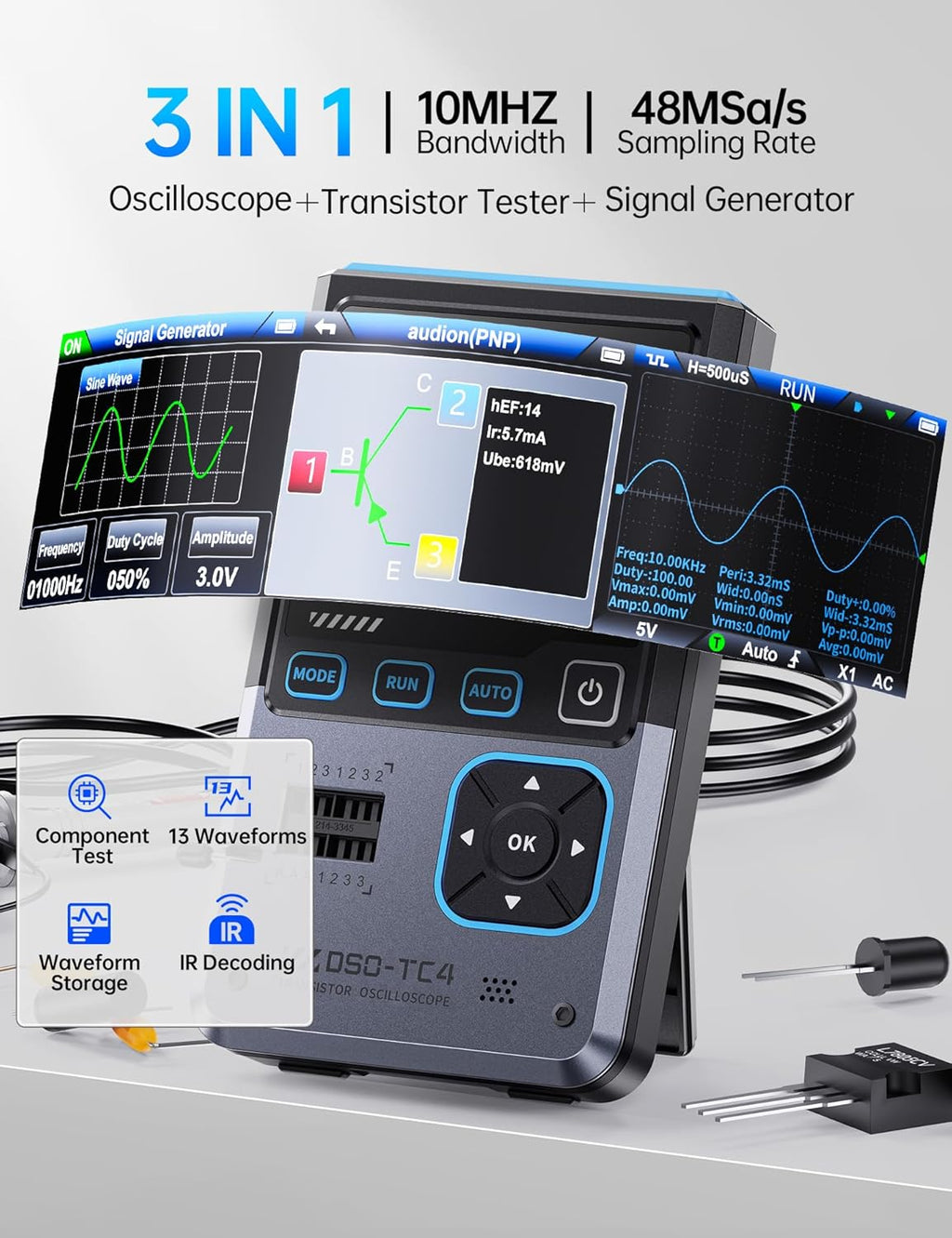 FNIRSI DSO-TC4 Handheld Oscilloscope, 10MHz Bandwidth 48MSa/s Sampling Rate Transistor Tester Digital Oscilloscope DDS Signal Generator 3 in 1, Voltage Continuity Zener Diode Triode Component Tester