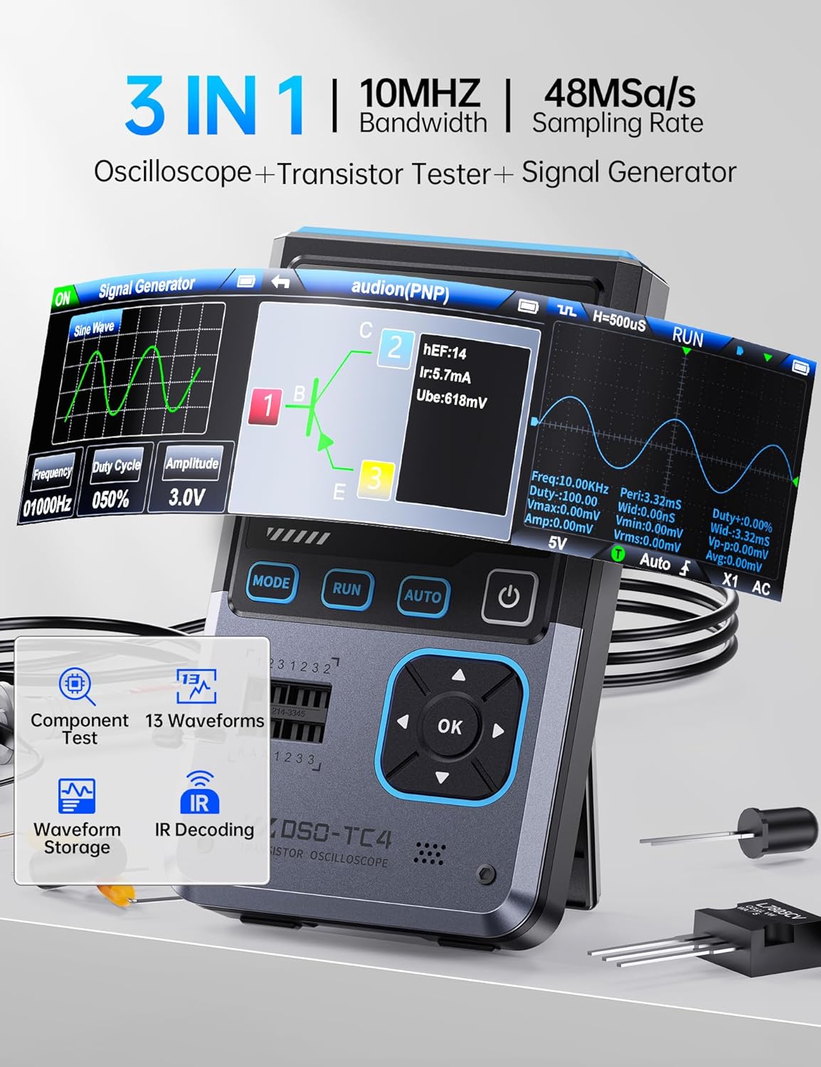 FNIRSI DSO-TC4 Handheld Oscilloscope, 10MHz Bandwidth 48MSa/s Sampling Rate Transistor Tester Digital Oscilloscope DDS Signal Generator 3 in 1, Voltage Continuity Zener Diode Triode Component Tester