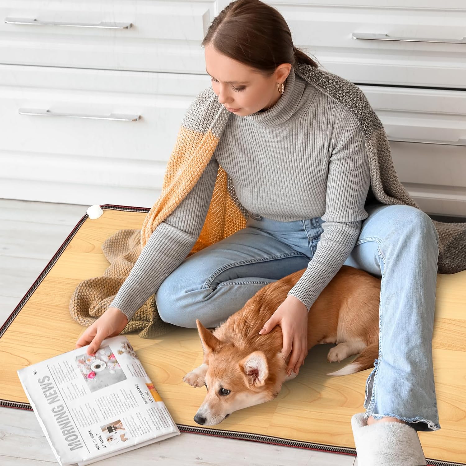 PVC 110V Heated Floor Mat Heater for Foot Warmer Under Desk 48 x 20 Inch Carbon Crystal Wood Stripe Electric Heating Carpet Pad Energy Saving Indoor Heated Rug for Home Office House Brown