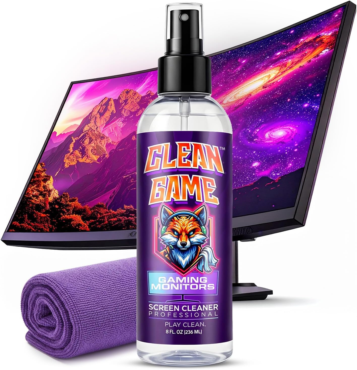 Clean Game Monitor Cleaner Spray & Microfiber Cloth 8oz, Streak-Free Computer Screen Cleaner Spray and Wipe for Gaming, Computer, Phone, iPad, MacBook Laptop Cleaning Kit Electronic Screen Cleaners