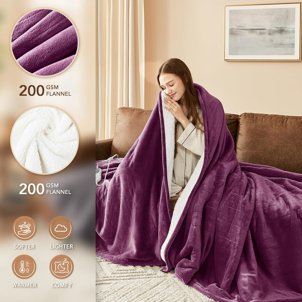 Homemate Electric Heated Blanket Twin - 62"x84" Heating Bed Blankets Throw with 10 Heating Levels 8 Hours Auto Off Fast Heating Over-Heated Protection Ultra Soft Warm Flannel ETL Certified Purple