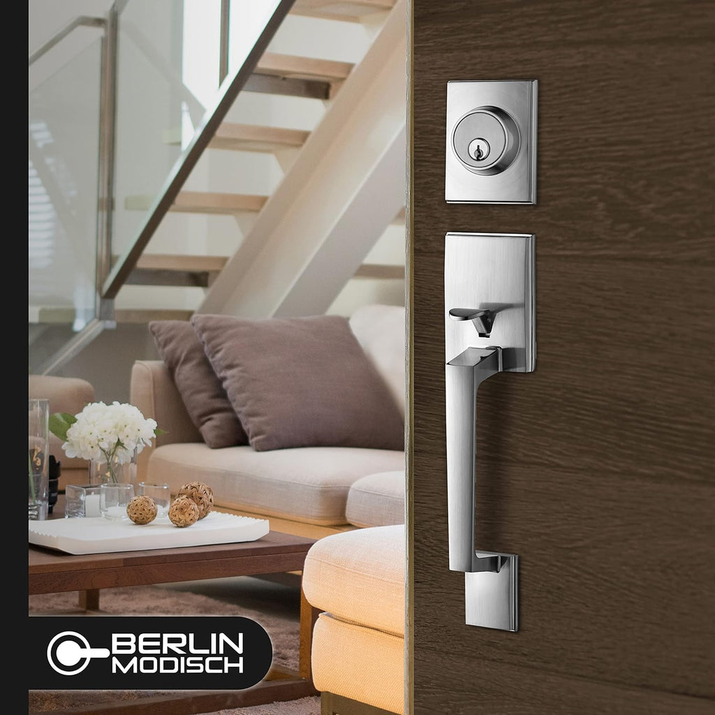 Berlin Modisch Single Cylinder HandleSet with Lever Door Handle (for Entrance and Front Door) Reversible for Right and Left Handed and a Single Cylinder deadbolt Handle Set Satin Nickel Finish