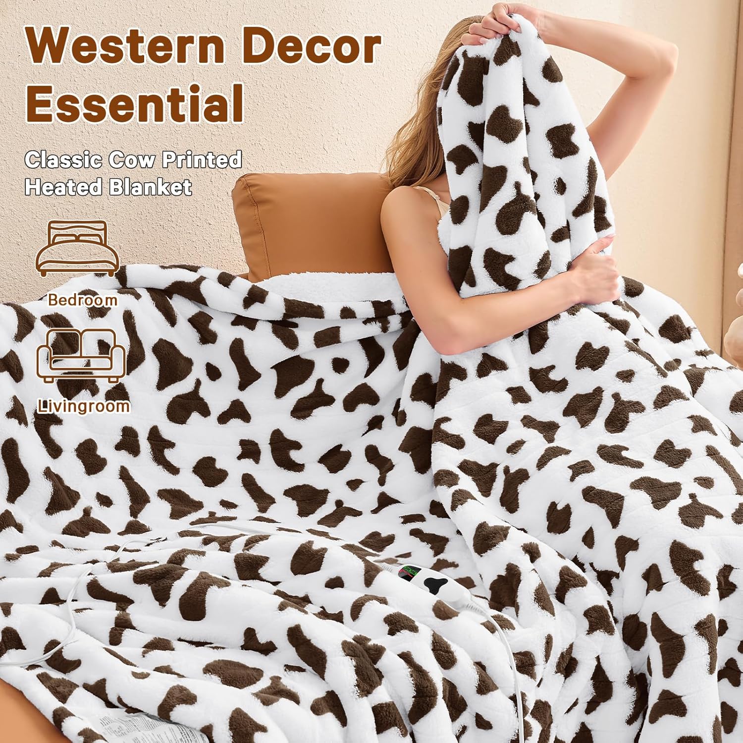 Cow Print Heated Electric Blanket Twin,62X84 Brown Heating Blanket with 10 Heats Levels & 8 Hours Auto Off,Cute Cow Decor Fleece Sherpa Blankets Warmer Gifts for Women Couch Office,Washable