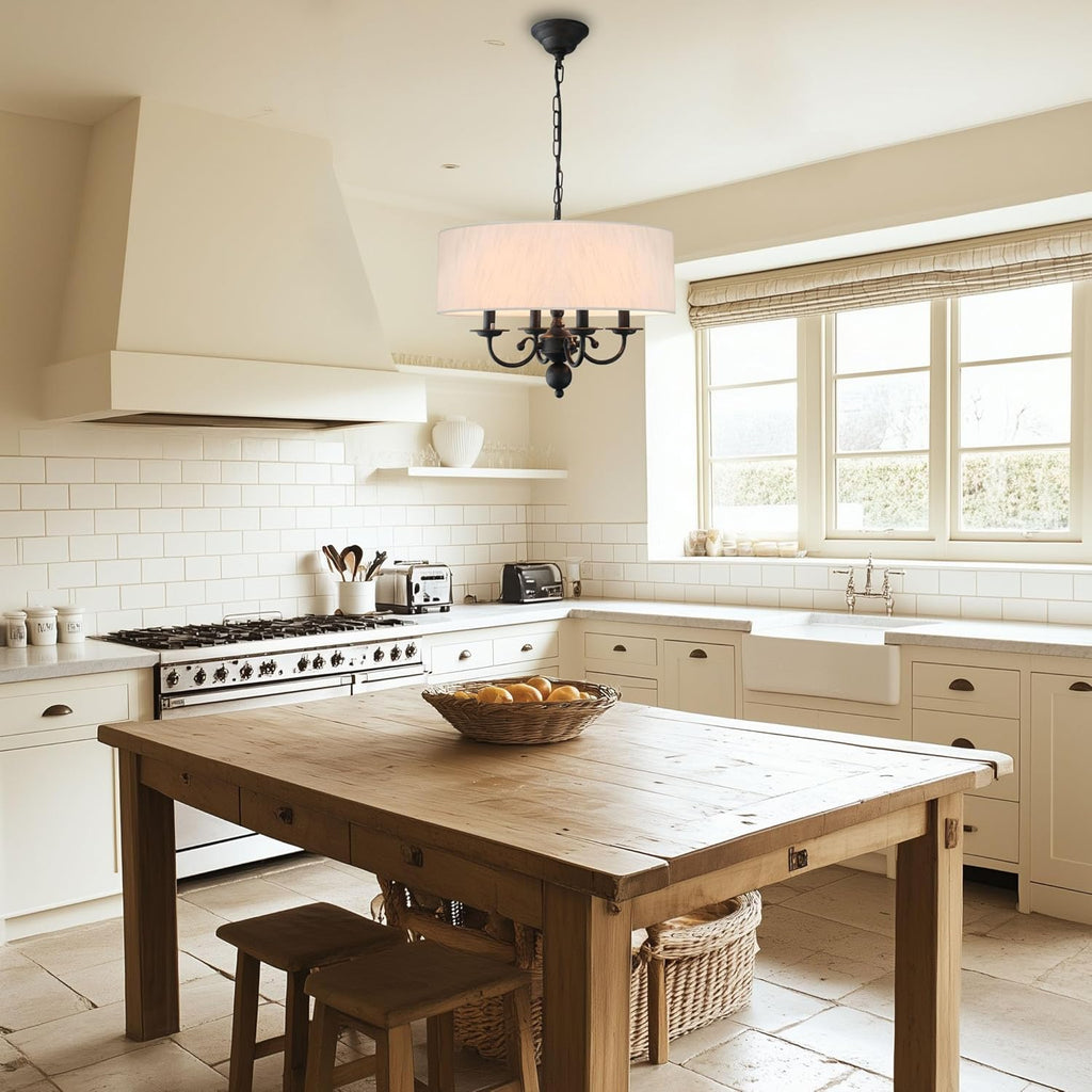 Drum Chandelier, 4-Lights Pendant Ceiling Hanging Light Fixture with Beige Shade, for Dining Room Living Room Bedroom Kitchen Island(17.75")