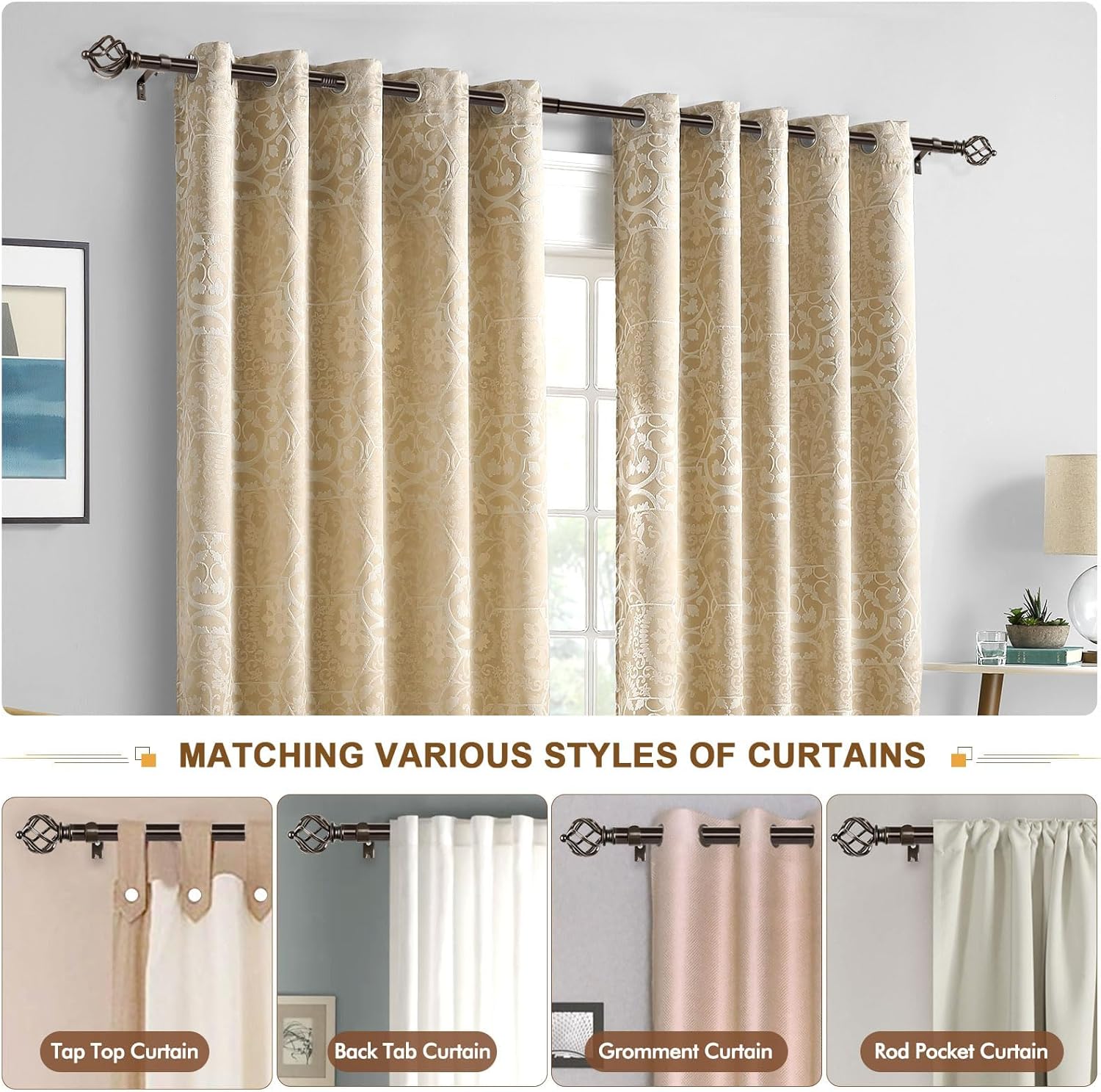 KAMANINA Curtain Rods for Windows 66 to 120 Inch, 3/4 Inch Bronze Curtain Rod 32 to 115 Inches (2.6-9.6ft) Splicing Adjustable Single Drapery Rod with Twisted Cage Finial