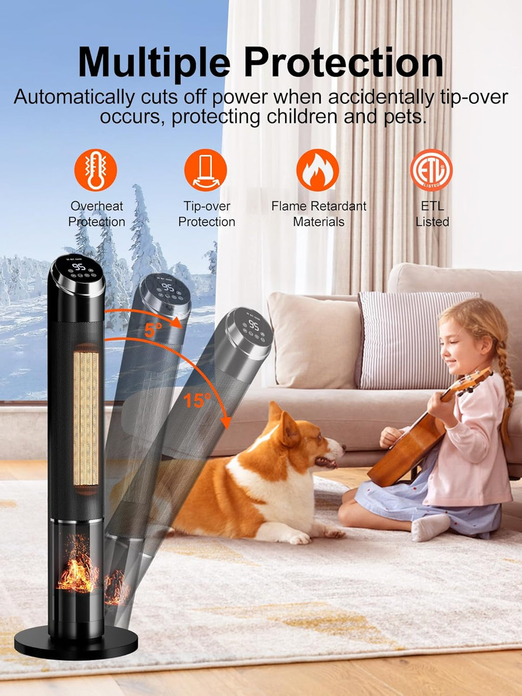 Space Heaters for Large Room, 38IN Electric Heater with Thermostat, 1500W Portable Space Heater with 80°Oscillation, 24H Timer Bedroom Heater, Remote Control, Tip-over & Overheat Protection Indoor Use