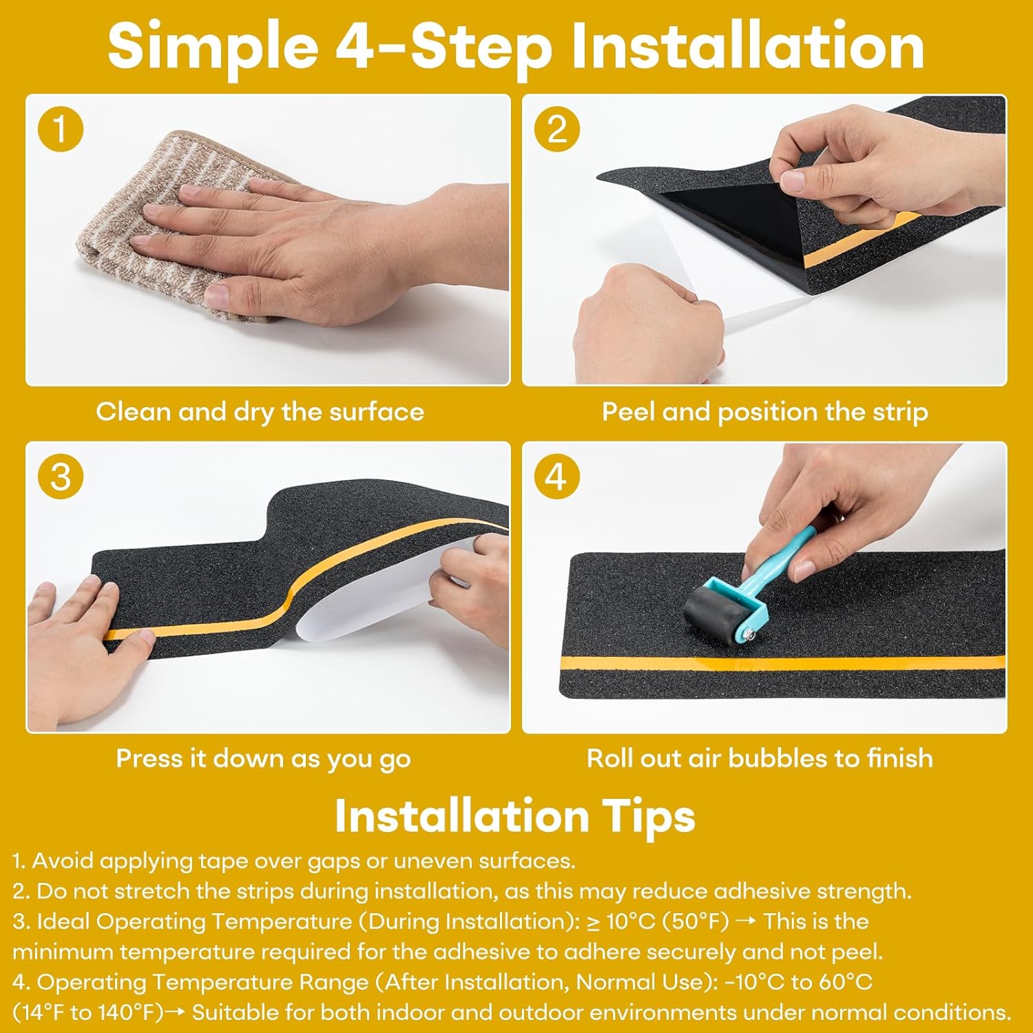 10 Pack Anti Slip Traction Treads with Reflective Stripe, 6” x 30” Grit Non Slip Waterproof Tape Pre-Cut Tape with Roller, High Traction Friction Abrasive Adhesive for Stairs Step, Black & Yellow