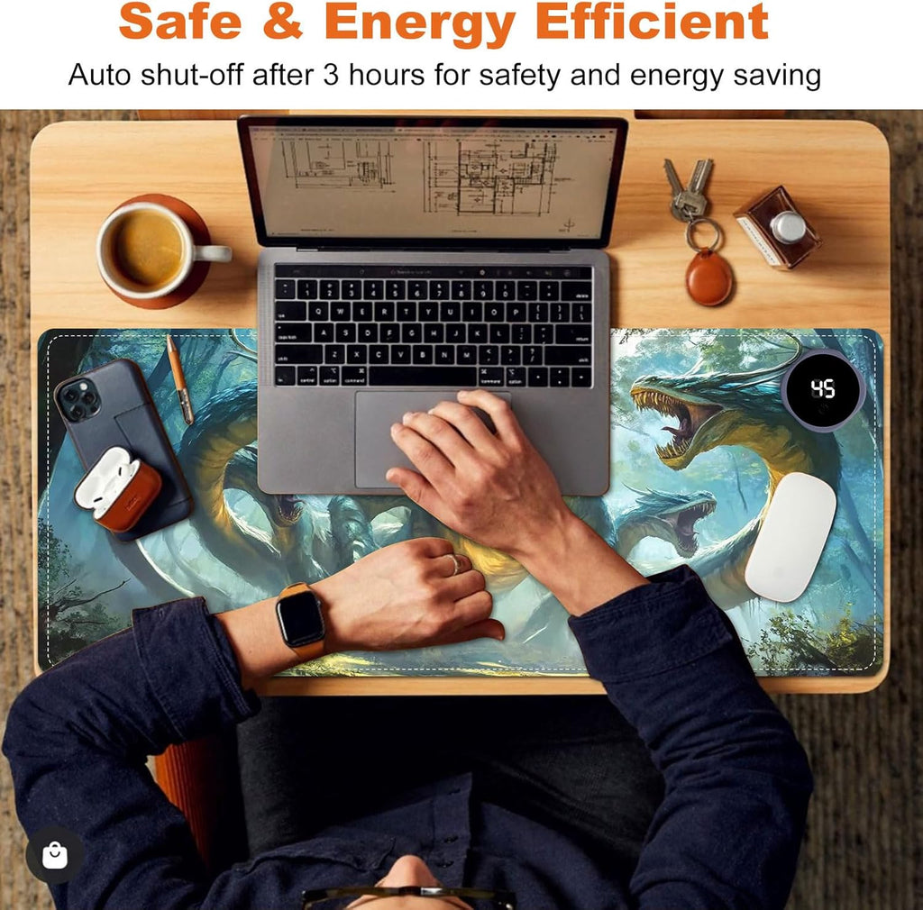 Heated Mouse Pad for Desk 31.5" x 13" – PU Leather Warm Desk Pad with 3 Heat Levels (104°F/113°F/122°F), Plug-in Electric Heating Mat with Auto Shut-Off, Waterproof & Rollable, Serpent Beast