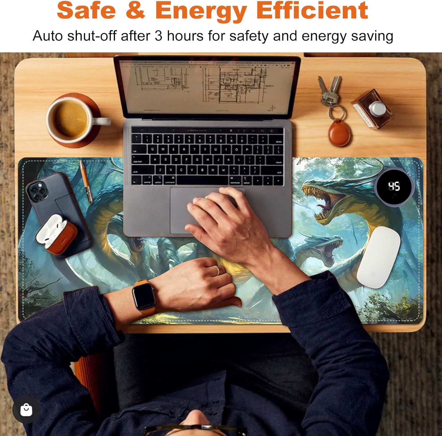 Heated Mouse Pad for Desk 31.5" x 13" – PU Leather Warm Desk Pad with 3 Heat Levels (104°F/113°F/122°F), Plug-in Electric Heating Mat with Auto Shut-Off, Waterproof & Rollable, Serpent Beast