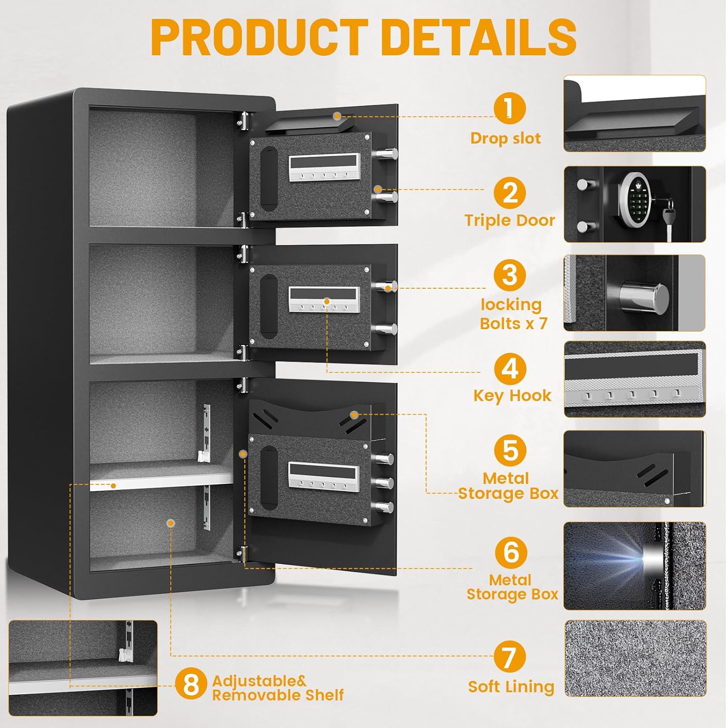 8.0 Cu ft Extra Large Home Safe Box 3 Door Money Safes - Fireproof & Waterproof Digital Safe with Dual Alarm, Drop Slot, Backlit Keypad & Adjustable Shelf for Home, Office, Hotel