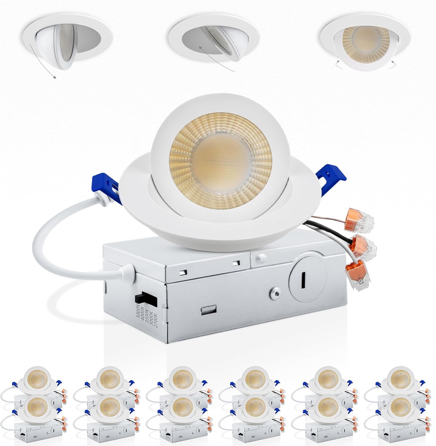Adetu 3 Inch Gimbal Led Recessed Lighting, 360°+90° Adjustable Directional Recessed Lights, 2700K/3000K/3500K/4000K/5000K Dimmable Retrofit Eyeball Can Lights with Jbox,ETL (White, 12 Pack)
